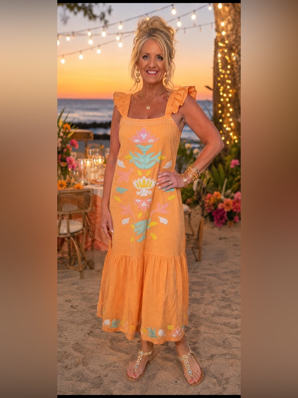 See And Be Seen Sunset Embroidered Maxi Dress in Orange Medium